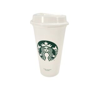 Starbucks Reusable Travel Coffee Cup White Plastic Siren Logo Tumbler with Lid